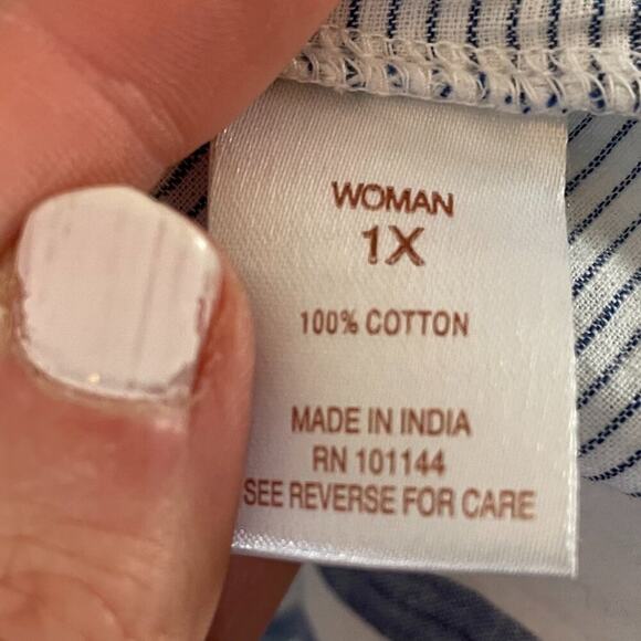 Blue, White Striped Cotton Button Down Lightweight Shirt Roll Tab Sleeves, 1X - Picture 10 of 13